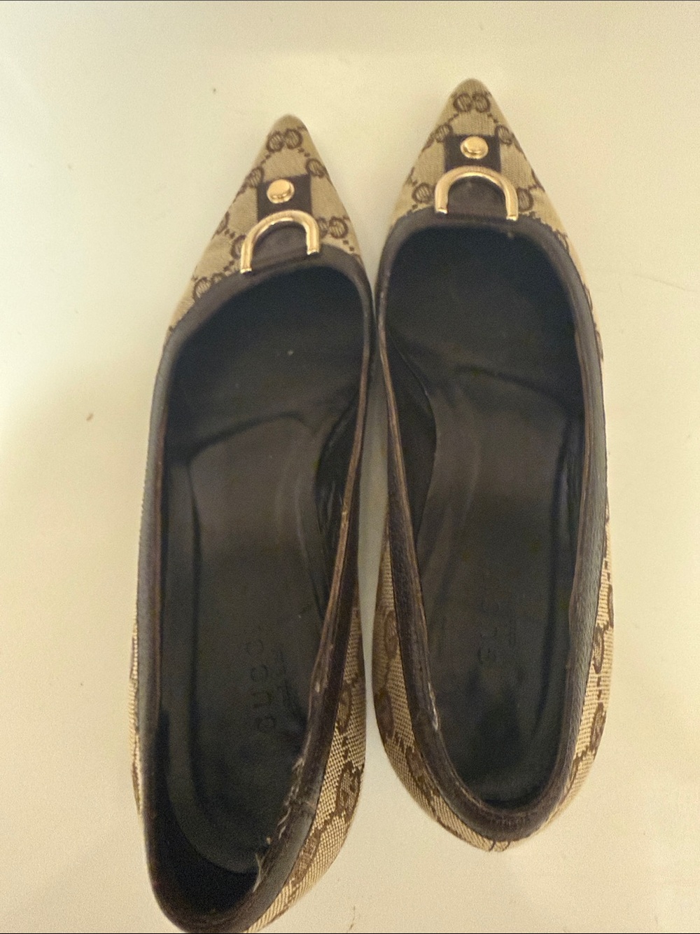 Gucci Monogram Pointed Toe Flats with Gold Buckle with Kitten Heels size 6.5. - Picture 11 of 12